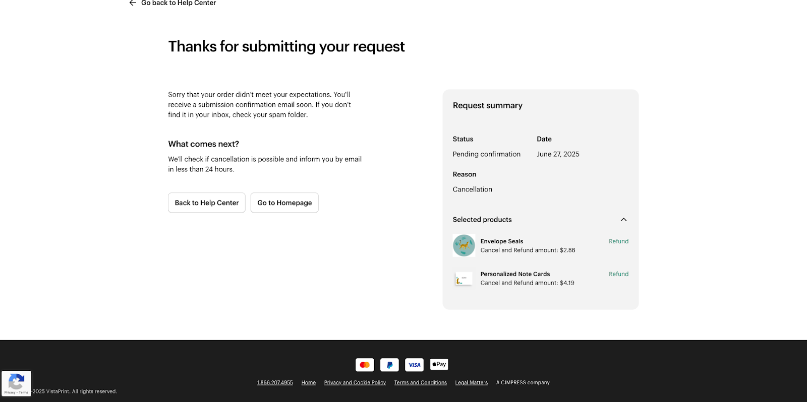 Order help form submission confirmation screen